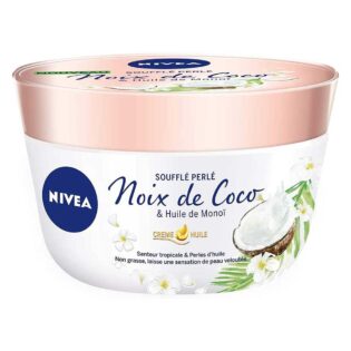 NIVEA Perlé Soufflé Body Balm 200 ml – 24h hydration with monoi oil and tropical coconut scent.