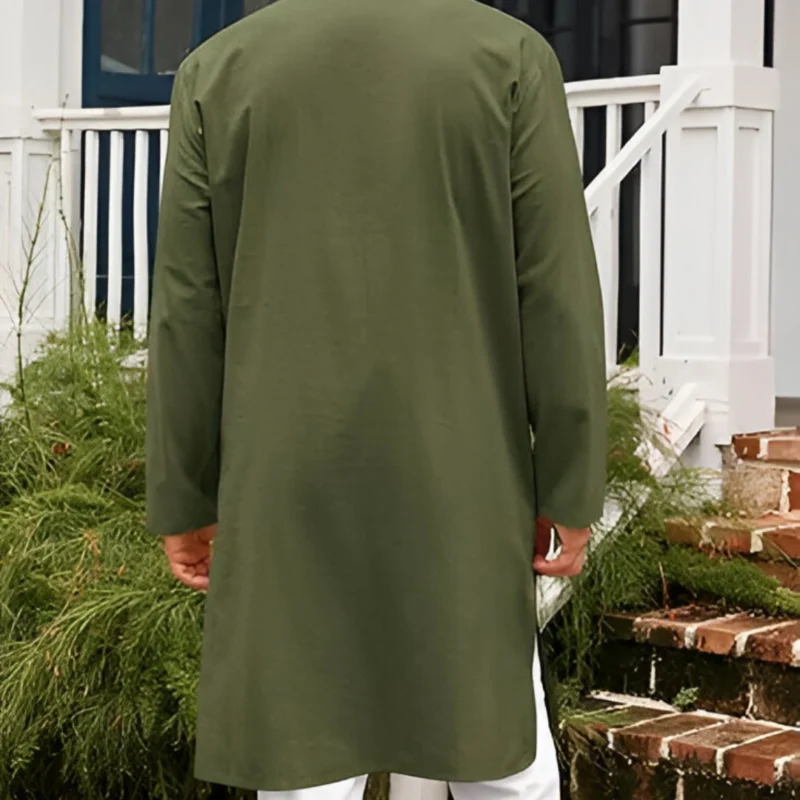 Runcati Men's Cotton Linen Kaftan Thobe – Long Sleeve Henley Robe Shirt - Image 3